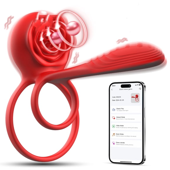Vibrating Cock Ring Penis Sleeve with Rose Stimulator, Red