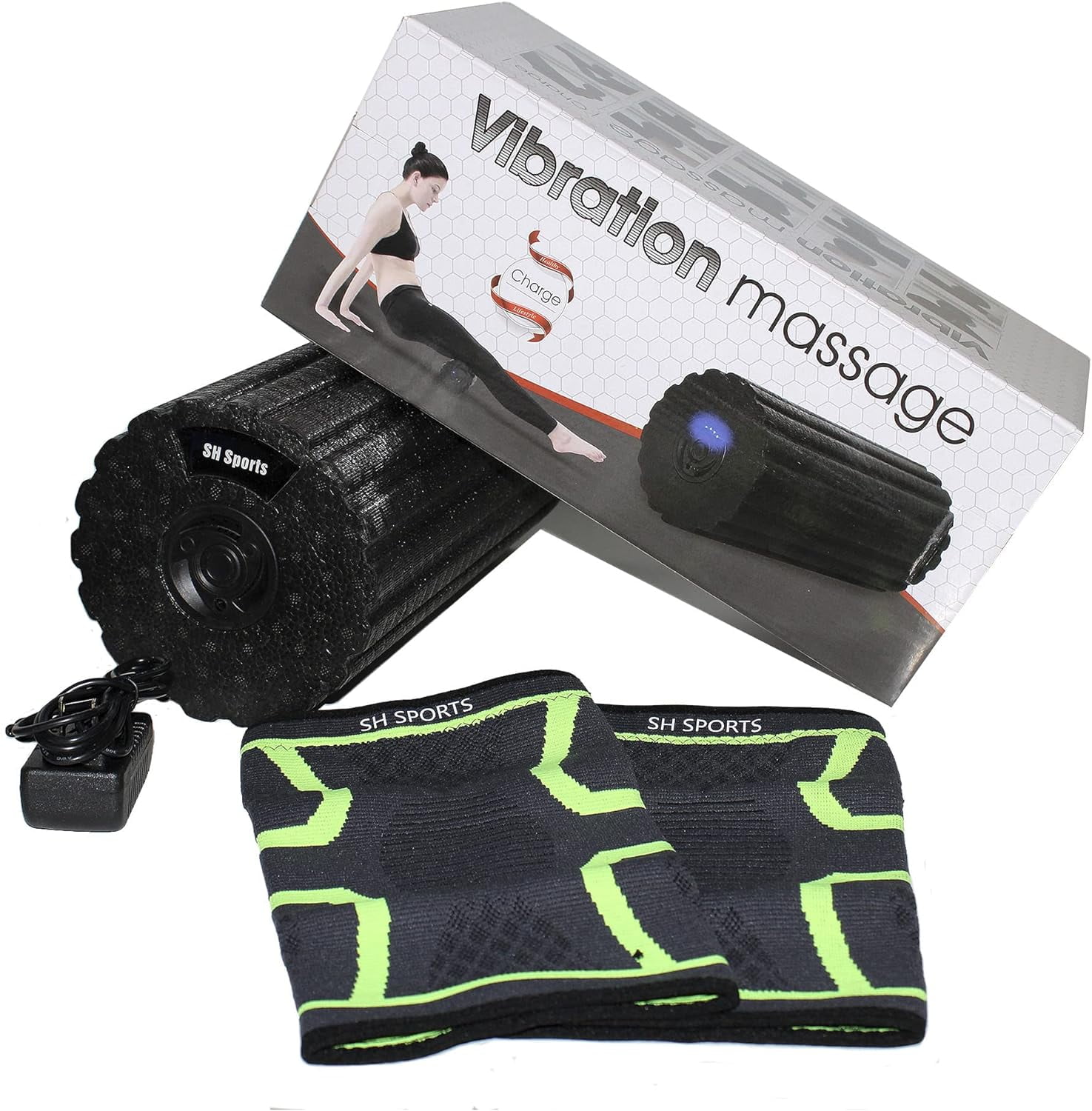 Vibrating Electric Muscle Roller for Back Legs Pain Relief, Trigger Point Muscle Massage Roller for Exercise Tool for Stretches Recovery at Home Gym with Black & Green Knee Sleeve Protector Set