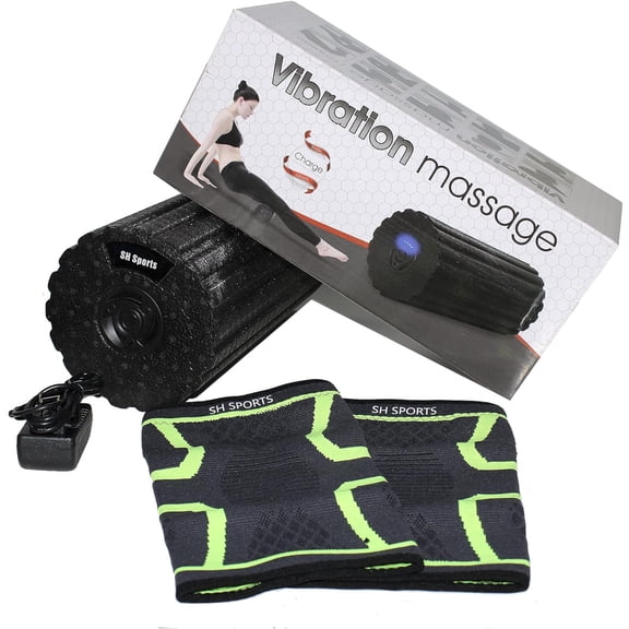 Vibrating Electric Muscle Roller for Back Legs Pain Relief, Trigger Point Muscle Massage Roller for Exercise Tool for Stretches Recovery at Home Gym with Black & Green Knee Sleeve Protector Set