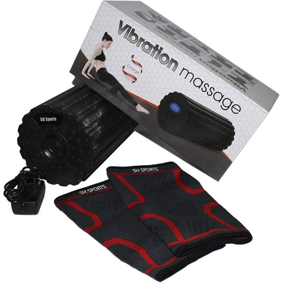 Vibrating Electric Muscle Roller for Back Legs Pain Relief, Trigger Point Muscle Massage Roller for Exercise Tool for Stretches Recovery at Home Gym with Black & Red Knee Sleeve Protector Set