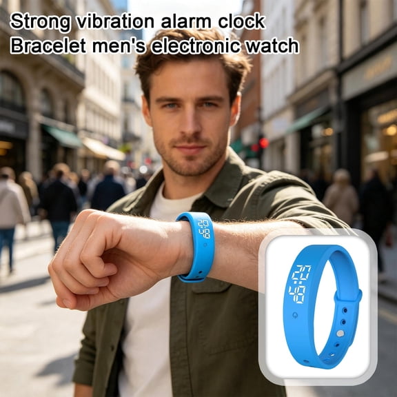 Vibration Alarm Clock Wristband, Silent Wake Up Watch with Pedometer & LED Display, No Sound Alert for Dorm Roommates Couples Students, Soft Silica Gel Band Sky Blue