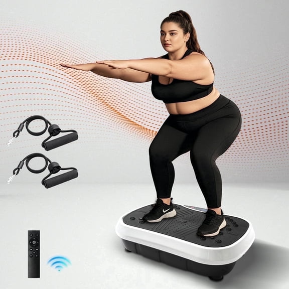 Vibration Plate Exercise Machine, Full Body Workout Power Platform with Loop Bands & Remote Control for Fat Burning and Slimming and Weight Loss, Vibrating Stand Shake Board, White