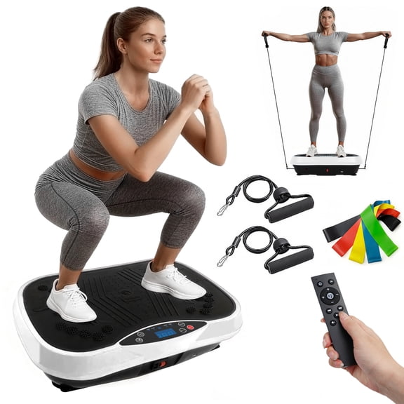Vibration Plate Exercise Machine, Full Body Workout Power Platform with Loop Bands & Remote Control for Fat Burning and Slimming and Weight Loss, Vibrating Stand Shake Board, White