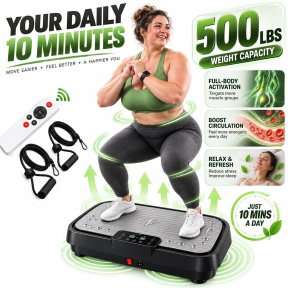 Vibration Plate Exercise Machine for Home Fitness & Whole Body 10 Minute Daily Workout, Activate Muscles, Support Body Sculpting & Improve Flexibility with 200W Motor, Massage Nodes, Resistance Bands