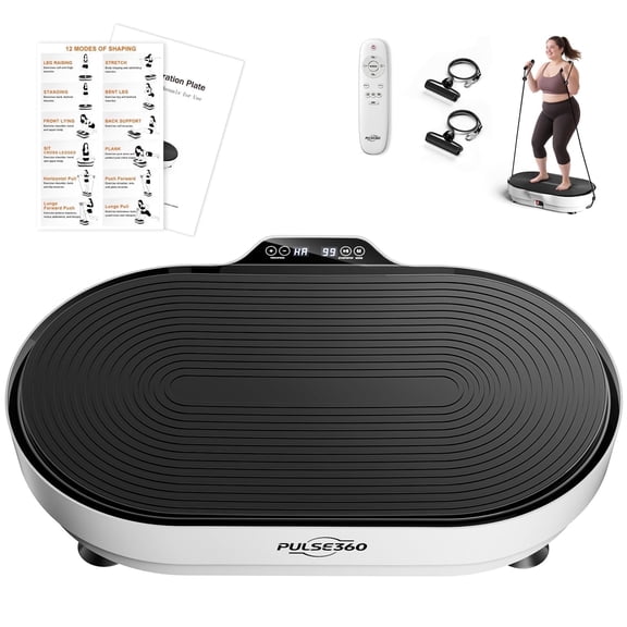 PULSE360 Vibration Plate Exercise Machine for Lymphatic Drainage, Weight Loss, Full Body Vibrate Plate with Loop Bands, Fitness Equipment for Home Women Men
