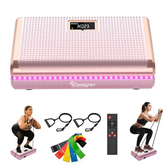 Vibration Plate Exercise Machine for Lymphatic Drainage Weight Loss Whole Body Workout Gym Power Vibration Plate 350Lbs for Home Fitness w/ 2 Loop & 5 Resistance Bands Pink mit LED Lights