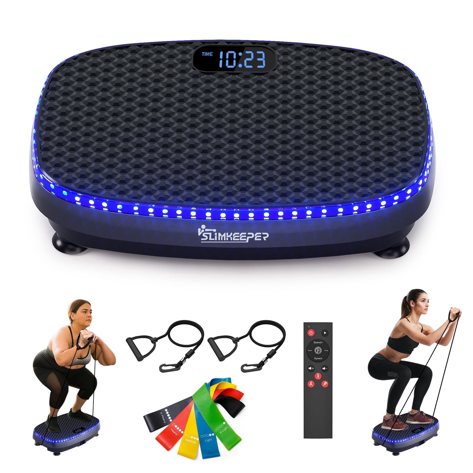 SLIMKEEPER Vibration Plate Exercise Machine for Home Fitness & Whole Body Workout, 350 Lbs Capacity, with 2 Loops, 5 Resistance Bands & Remote Control, Black mit LED Lights