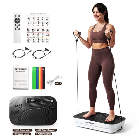 Syedee Vibration Plate Exercise Machine, 180 Speed Levels for Full Body Workout, 450 lbs Capacity Vibration Platform with Bluetooth, Resistance Bands & Remote Control for Black Home Fitness