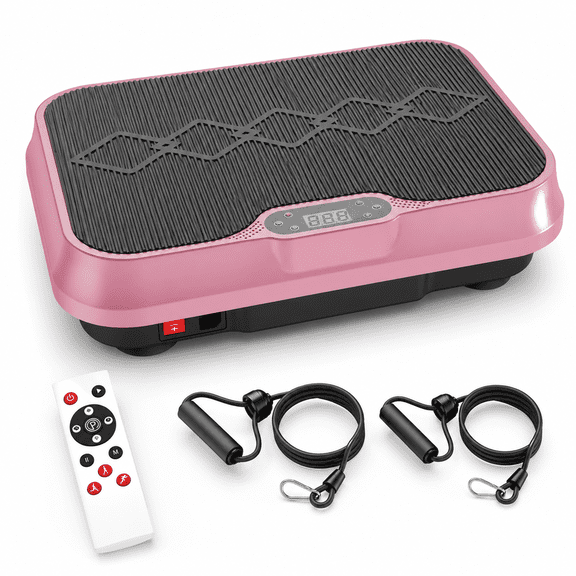 Vibration Plate Exercise Machine, Whole Body Workout Platform with Remote Control and Resistance Bands, Compact Home Fitness Vibration Platform for Full-Body Exercise, Rose Red