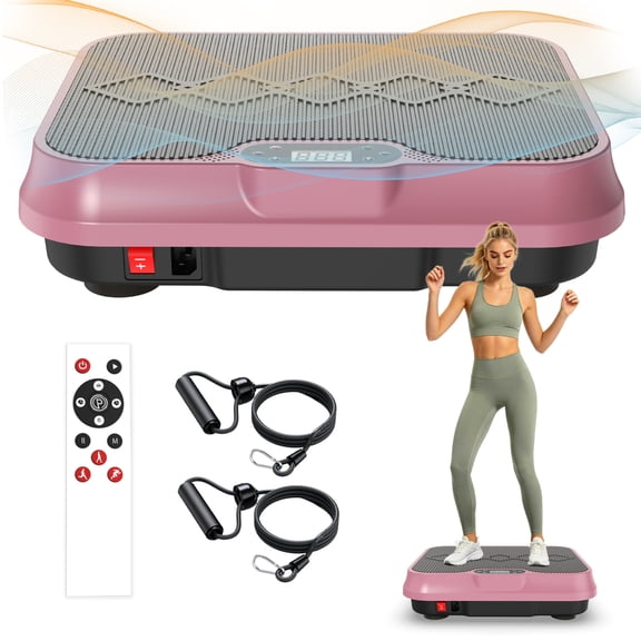 Vibration Plate Exercise Machine Whole Body Workout Platform With Remote Control Resistance Bands LCD Display Quiet Motor Home Gym Fitness Equipment Rose Red