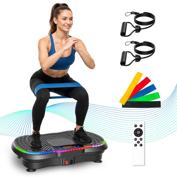 Vibration Plate with the built-in LED light strip, Full Body Shaker Platform for Home Exercise, Vibration Board with 5 Pull Ropes