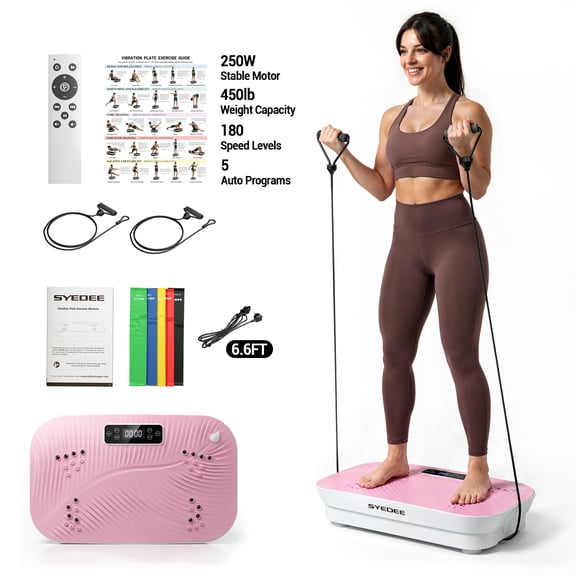 Syedee Vibration Plate Exercise Machine, 180 Speed Levels, Full Body Workout Platform, 450 lbs Capacity with Bluetooth, Resistance Bands, Remote Control for Women & Men