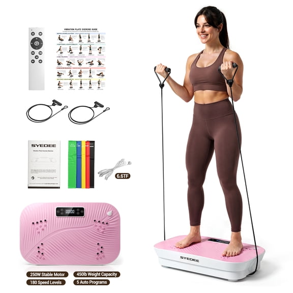Syedee Vibration Plate Exercise Machine, 180 Speed Levels, Full Body Workout Platform, 450 lbs Capacity with Bluetooth, Resistance Bands, Remote Control for Women & Men