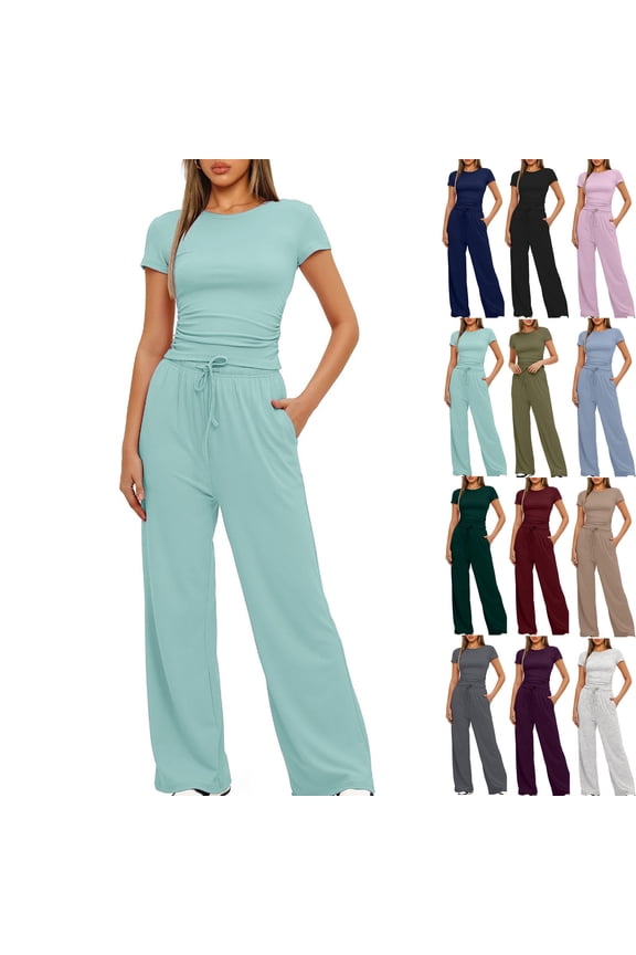 2 Piece Lounge Sets for Women Summer Outfits Two Piece Sweatsuits Casual Solid Short Sleeve Blouse Long Pants Elastic Waist Sets