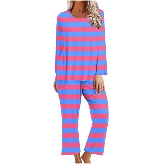 Vibrex 2 Piece Sets For Women Fall Fashion Striped Dress Lounge Travel Outfits Winter Clothing Striped Color Block Crewneck Sweatshirts & Llounge Pants for Women Loose Fit Loungewear Sets