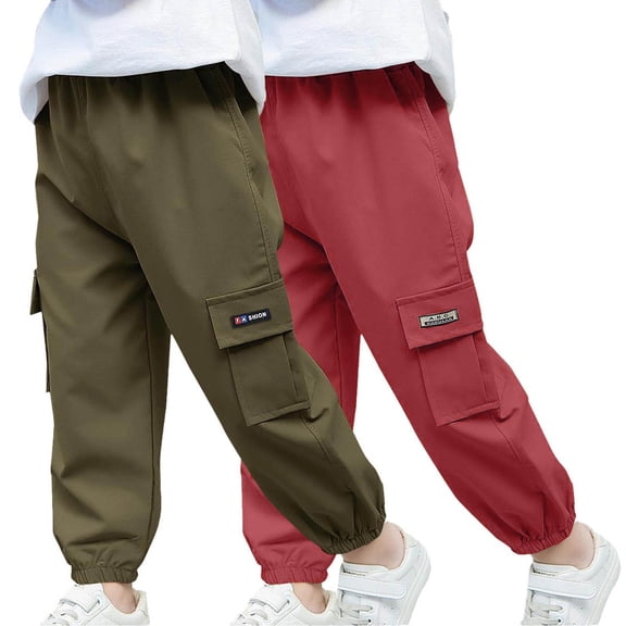 Vibrex 2PC Boys Pants Casual Children's Solid Color Pocket Casual Sports Ankle Bound Pants Boys Cargo Joggers Pants Kids Elastic Waist Trousers 2-14 Years