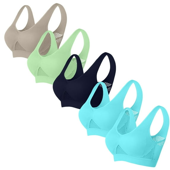 Vibrex 5PC High Support Sports Solid Color Bras for Women Racerback Running Bra Workout Crop Tank Tops Longline Sports Bra Push up Ventilate Bra Wireless Bras Back Smoothing Wide Shoulder Strap