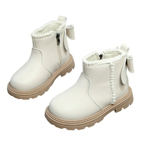 Vibrex Ankle Boots Children's Winter Solid Color Short Leather Boots British-style Boots Side Zipper Fall Winter Short Leather Boots for Girls Bow Decorated Boots Comfortable Children Footwear