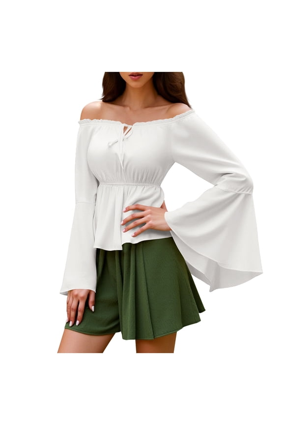 Bell Sleeve Tops for Women Renaissance Shirt Off Shoulder Solid Color Long Sleeve Waisted Smocked Blouse Costume Tops Fashion Casual Travel Clothes Oversize Waist-Cinching Fall Tops for Women