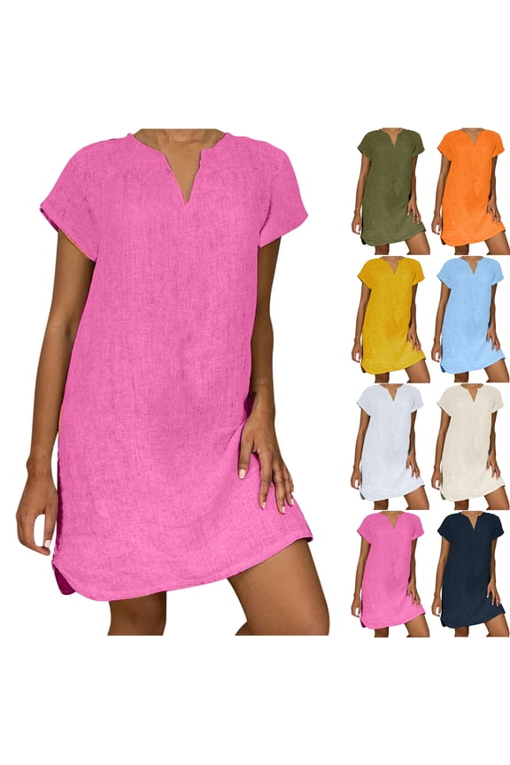 Breathable Plus Size Solid Color Loose V Neck Short Sleeve Shift Dress For Women Summer Resort Wear Comfortable Dresses For Women Athletic Casual Dresses Short Summer Dresses For Women