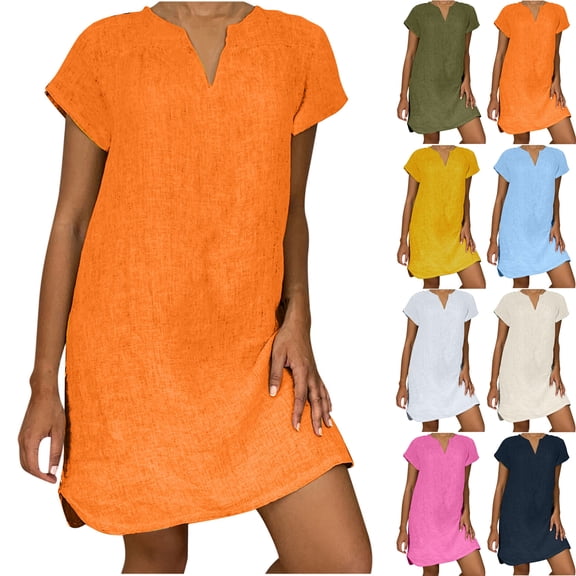 Vibrex Breathable Plus Size Solid Color Loose V Neck Short Sleeve Shift Dress For Women Summer Resort Wear Comfortable Dresses For Women Athletic Casual Dresses Short Summer Dresses For Women