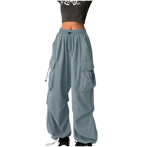 Vibrex Cargo Pants for Women Sweatpants Solid Color Loose Parachute Pants Woman Wide Leg Baggy Pants Elastic Waist Jogger Sweatpants Track Pants Streetwear