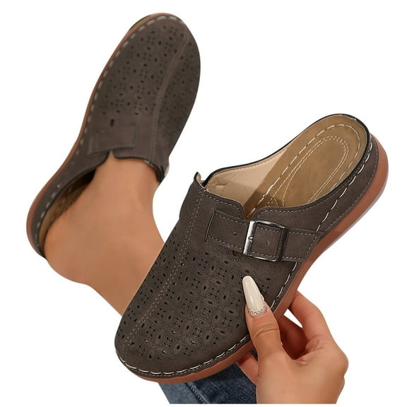 Vibrex Casual Shoes for Women Fashion Hollow Solid Color Buckle Strap Closed Toe Sandals Thick Bottom Half Slippers Wedge Heels Women Clogs Comfortable Mules Sandals Slippers Breathable Shoes
