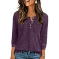 thumbnail image 1 of Vibrex Casual Tops for Women Fall Winter Casual Solid Color Round Neck Button Knitted Striped Brushed Loose Sweater Three-Quarter Sleeve Top Soft Thermal Casual Casual Comfortable Warm Top, 1 of 6