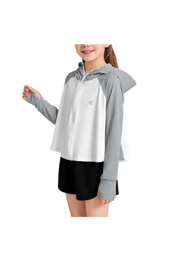 Children's Long Sleeved Zipper Sunscreen Jacket Kids Sun Protection Outdoor Breathable Lightweight Hooded Casual Jacket 1-13Y