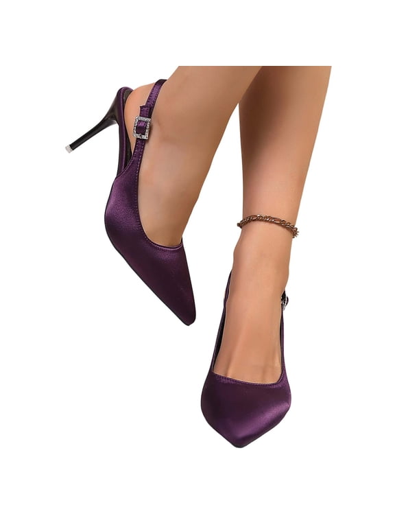 Closed Toe Slingback Heels Wedding High Stiletto Heel for Women Pointed Toe Pumps Shoes Women's Casual Solid Color Metal Chain Open Back Heel
