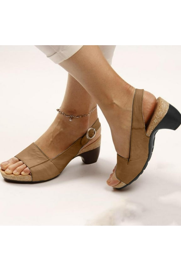 Comfortable Elegant Low Chunky Heel Shoes Women Summer Thick Heel Sandals Pumps Buckle Open Toe Casual Shoes Women's Sandals Perfect For Travel,Daily,Vacations,Part,Dates,Work_Brown_7