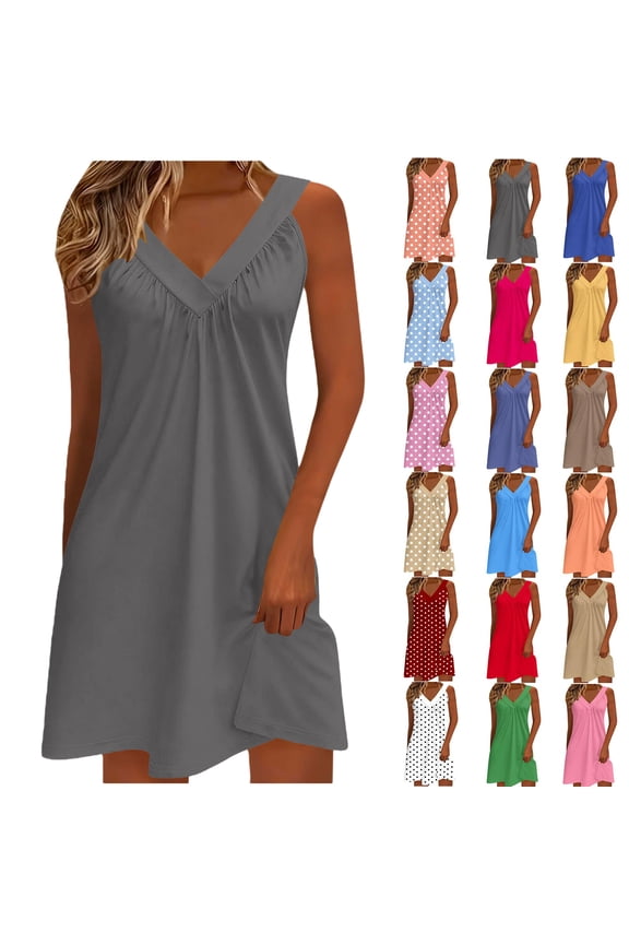 Dresses for Women, Women's V-Neck Stretchy Dress - Comfortable Sleeveless Casual Sundress with Random Polka Dot & Solid Colors, Soft Daily Wear Dress