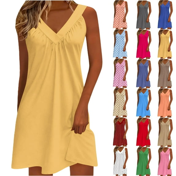 Vibrex Dresses for Women, Women's V-Neck Stretchy Dress - Comfortable Sleeveless Casual Sundress with Random Polka Dot & Solid Colors, Soft Daily Wear Dress