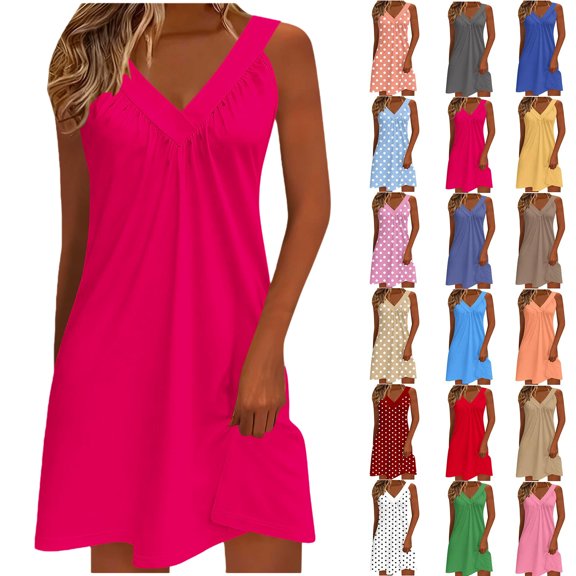 Vibrex Dresses for Women, Women's V-Neck Stretchy Dress - Comfortable Sleeveless Casual Sundress with Random Polka Dot & Solid Colors, Soft Daily Wear Dress