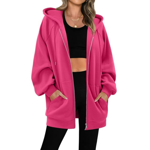 Vibrex Fall Jackets Women Winter Warm Casual Long Sleeve Hooded Solid Color Sweatshirt Coat with Pocket Fashion Lightweight Outerwear Jackets Hiking Jacket Oversized Soft Full Zip Up Casual Jacket