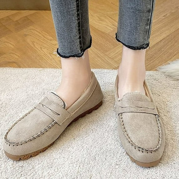 Vibrex Flat Shoes Women's Fashionable Casual Winter Warm Comfortable Loafers Soft Sole Plus Velvet Shoes Solid Color Lightweight Womens Shoes Slip On Business Work Loafer Shoes with Fleece Lining