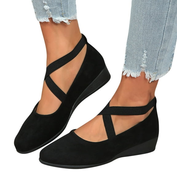 Vibrex Flats Shoes Women Dressy Comfortable Women's Solid Color Wedges Shoes Comfortable Casual Shoes Women's Fashion Elastic Ankle Straps Flats Shoes Women's Mary Jane Flats Office Slip-on Shoes