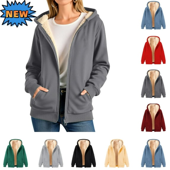 Vibrex Fleece Coat for Women,Women Winter Warm Casual Long Sleeve Hooded Solid Sweatshirt Coat Thick Warm Sherpa Fuzzy Lined Hoodie Zip up Sweatshirts Coat with Pockets
