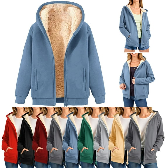 Vibrex Fleece Coat for Women,Women Winter Warm Casual Long Sleeve Hooded Solid Sweatshirt Coat Thick Warm Sherpa Fuzzy Lined Hoodie Zip up Sweatshirts Coat with Pockets