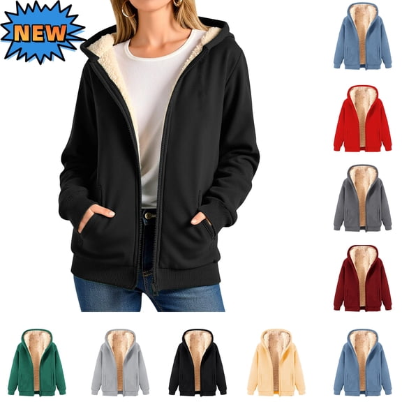 Vibrex Fleece Coat for Women,Women Winter Warm Casual Long Sleeve Hooded Solid Sweatshirt Coat Thick Warm Sherpa Fuzzy Lined Hoodie Zip up Sweatshirts Coat with Pockets