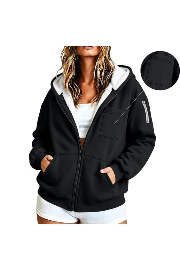 Fleece Jacket Women's Plus Size Heavyweight Fleece Lined Zip Up Hoodie Solid Color Drop Shoulder Pullover Cardigan Pockets Warm Plush Hooded Jacket Fleece Sweater Coat for Women
