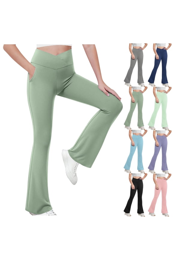 Girls' Flare Leggings Cross High Waisted Bootcut Yoga Dance Pants Kids Bell Bottoms Leggings with Pockets Teen Girls Pants Kids Active Crossover Split Hem Flare Leggings with Pockets