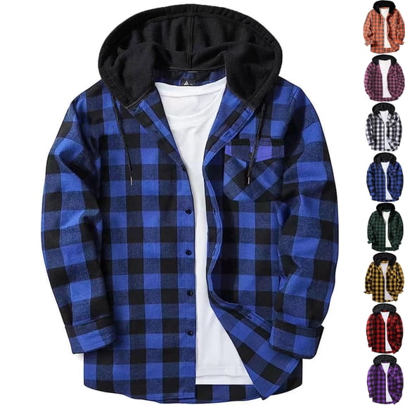 Vibrex Jackets for Men Long Sleeve Plaid Shirt Jacket Drawstring Hooded with Button Down Fall Winter Coat Lightweight Side Pocket Mens Plaid Shirt Long Sleeve Collar Button Down Blouses Tops