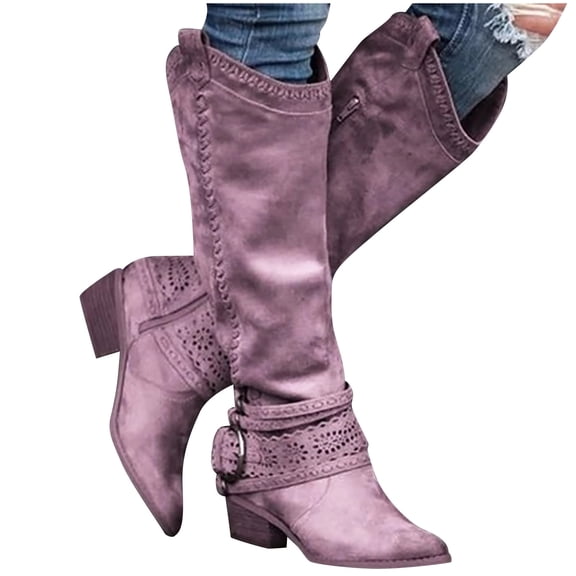 Vibrex Ladies Boots Women Fashion Cowboy Riding Casual Warm Middle Heels Middle Tube Shoes Knee High Boots Side Zipper Soft Shoes for Women Comfortable Pointed Toe Slouchy Boots with Buckle Straps
