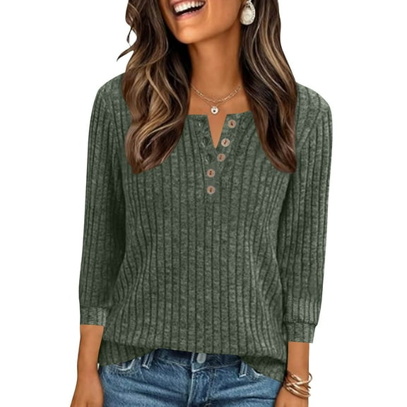 Vibrex Ladies' Fall and Winter Casual Solid Color Lightweight V Neck Button Knit Stripe Brushed Loose Sweater with Three Quarter Sleeve Top Women's 3/4 Sleeve Tops Shirts Basic Summer Tees