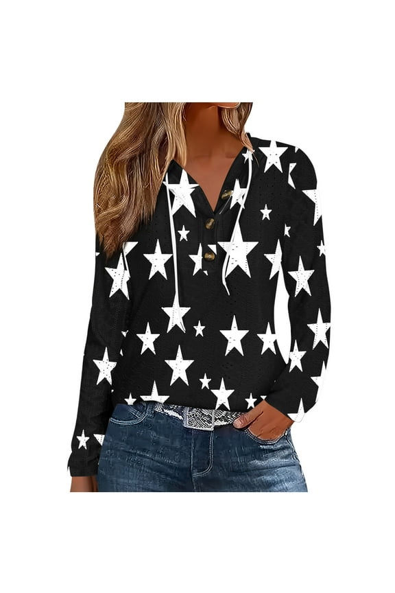 Ladies' Fashionable Casual Sleeved Star Pattern Hooded Thin Hoodie T-shirt Women Casual Hoodie T-Shirt Long Sleeved Hooded Top Quarter Button Lightweight and Breathable Pullover Women