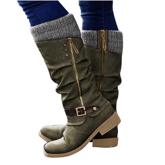 Vibrex Ladies' Mid Boots Women Fashion Western Style Cowboy Riding Boots Casual Warm Knee Middle Tube Boots Soft Comfortable Shoes for Women Round Toe Casual Side Zipper Mid Calf Shoes Outdoor