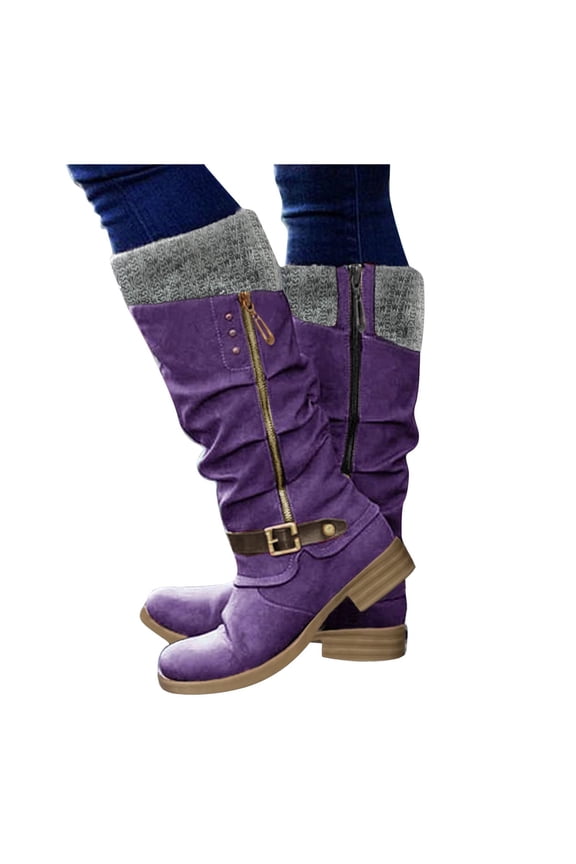 Ladies' Mid Boots Women Fashion Western Style Cowboy Riding Boots Casual Warm Knee Middle Tube Boots Soft Comfortable Shoes for Women Round Toe Casual Side Zipper Mid Calf Shoes Outdoor