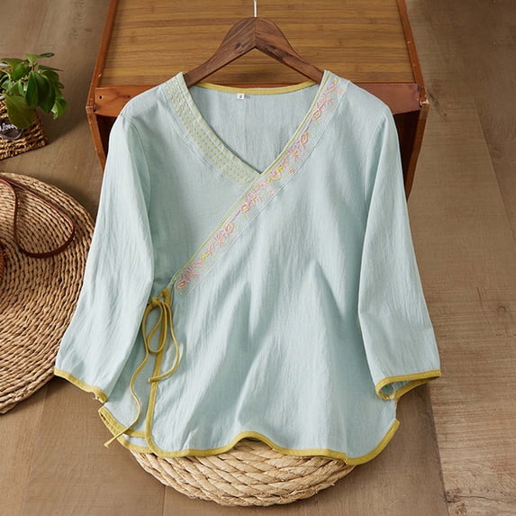 Vibrex Loose Fit Tank Tops for Women,Women's Embroidered 3/4 Sleeve Blouses Bandage V-Neck Casual Fashionable Top,Sleeveless Shirts,Green_2XL