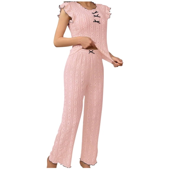 Vibrex Lounge Sets for Women,Women’s Fashion Round Neck Lace Bow Pocket Short Sleeves Trousers Pajama Sets Pajamas Set Oversized 2 Piece Outfits